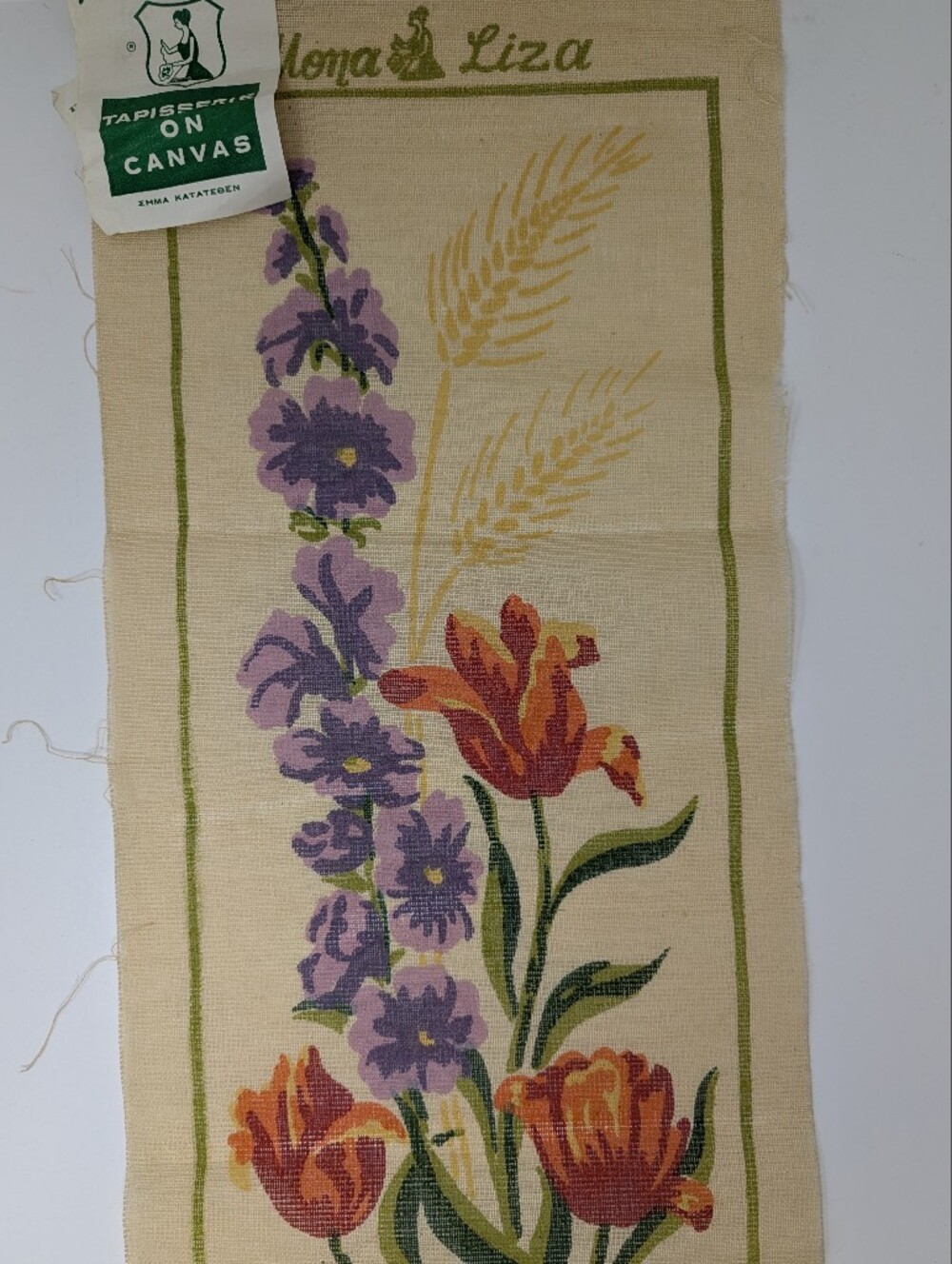 Mona Liza Floral Embroidery Needlepoint Canvas Panel with Purple & Orange Blooms